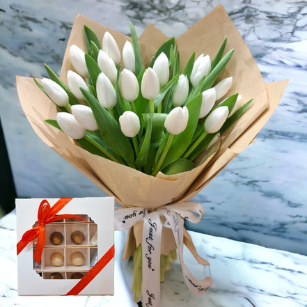 Artisan Chocolates and White Tulips